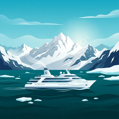 Modern passenger vessel navigating through arctic waters with mountains in the background